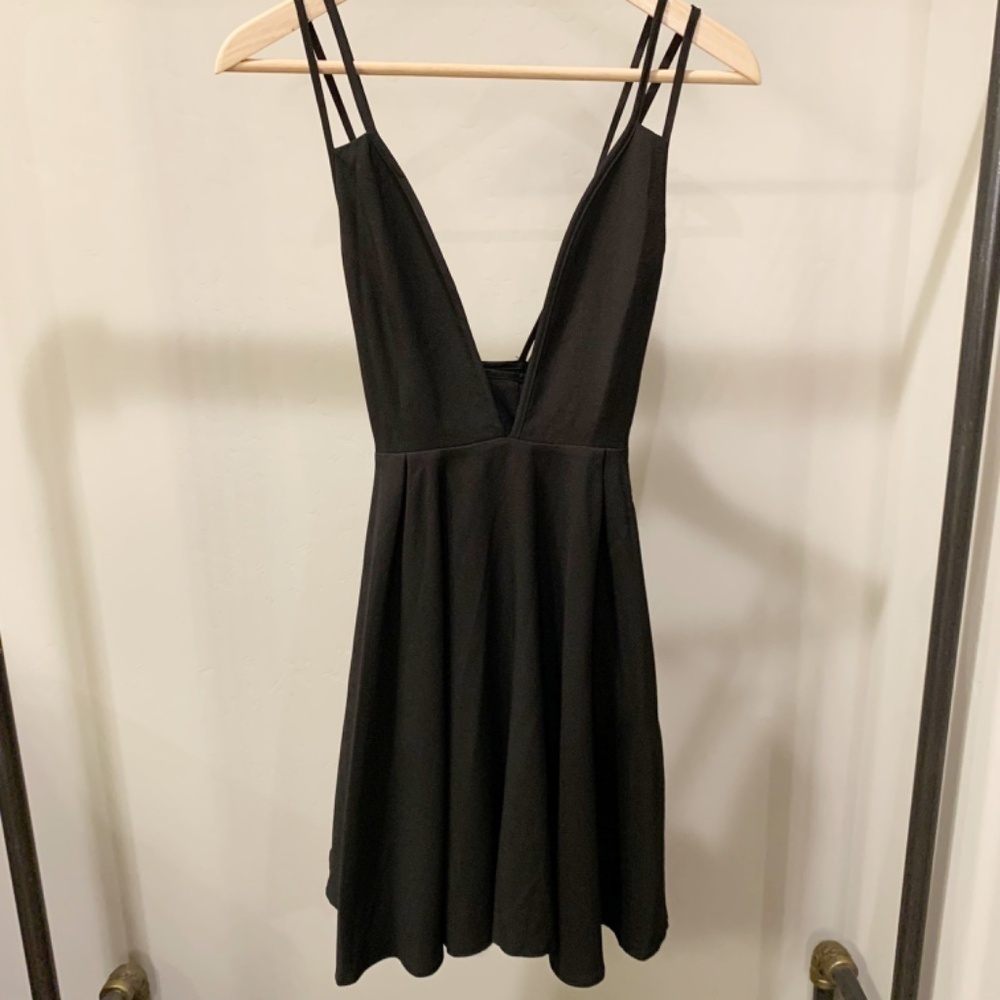 ANGL Black Plunge Neck Flared Skirt Mini Dress - Size Medium